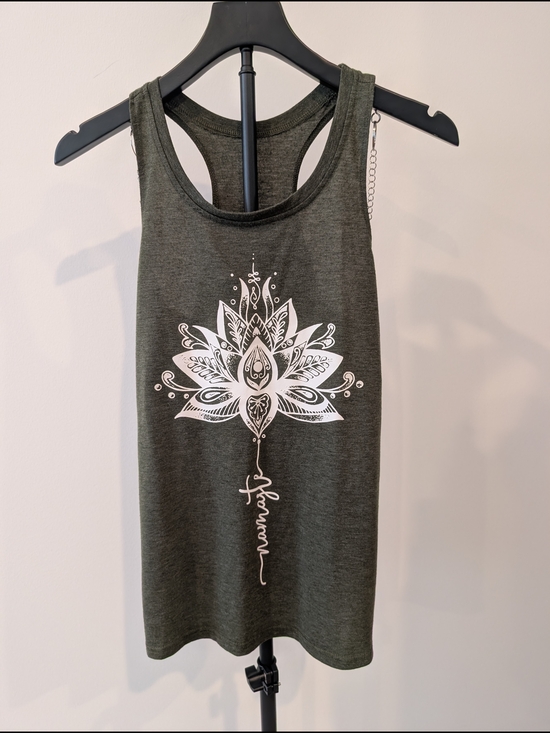 The Unbranded Brand Tops - Women's Dark Green Racerback Tank with White Lotus Namaste Yoga Medium